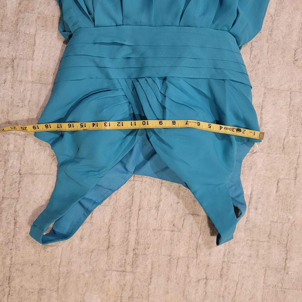 NWT MU XIANG CHEN Teal Chiffon Corseted Fit and Flare Short Dress Size 18 - Picture 7 of 16